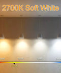 Lighting display showing different color temperatures with focus on 2700K, ideal for dimmable 6W E26 LED Bulb 800 Lumen 2700K Soft White Warm Glow