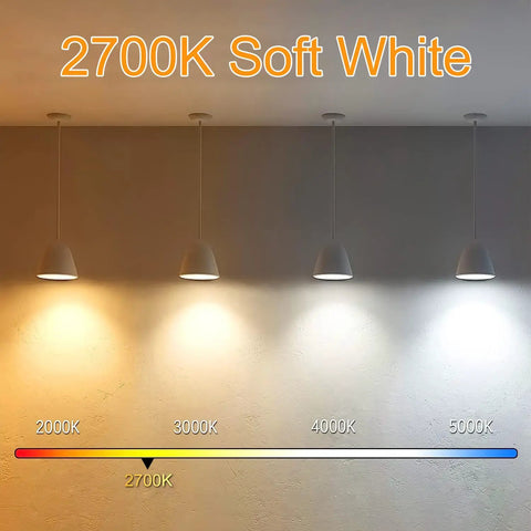 Lighting display showing different color temperatures with focus on 2700K, ideal for dimmable 6W E26 LED Bulb 800 Lumen 2700K Soft White Warm Glow
