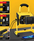 LED Work Light Dual Battery Compatible With DeWalt 20V And Milwaukee 18V Batteries showing power inputs and stand
