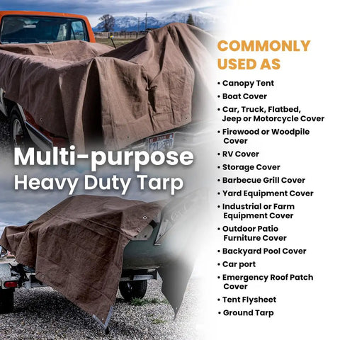 Heavy Duty 18 Oz Canvas Tarp Waterproof UV Resistant With Rustproof Grommets covering truck and trailer, tan color, outdoor use