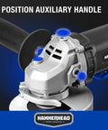 Close-up of 6 Amp 4-1/2 Inch Angle Grinder with 3 grinding wheels, tool-free guard adjustment, onboard wrench storage.