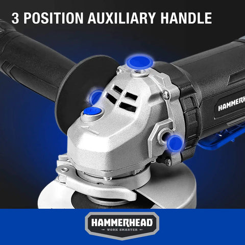 Close-up of 6 Amp 4-1/2 Inch Angle Grinder with 3 grinding wheels, tool-free guard adjustment, onboard wrench storage.