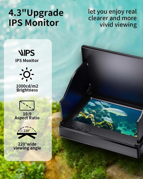 Underwater Fishing Camera with Infrared Night Vision Portable 100ft Cable 4.3 Inch LCD showing vivid underwater view.