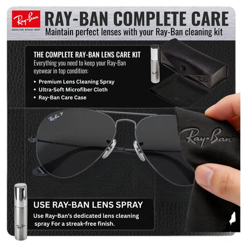 RB3025 Pilot Shape Polarized Sunglasses For Men And Women With Modern Edge Durable Frame displayed with Ray-Ban cleaning kit