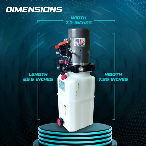 Front view of 12V Dump Trailer Hydraulic Pump Power Unit With Single And Double Acting Pump 3 Quart Capacity Heavy Duty Workhorse Lift System For Quick Lifts And Gravity Down Ideal For Dump Trailer Hydraulics And Easy Install, showing dimensions and compact size.