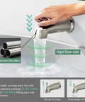 Close-up of tub spout in Tub and Shower Faucet Set with Pressure Balance Valve, 8 Inch Rain Shower Head, Tub Spout, Single Handle Trim Kit, Gold Finish, Anti Scald Protection, Easy Install Upgrade Your Modern Bathroom