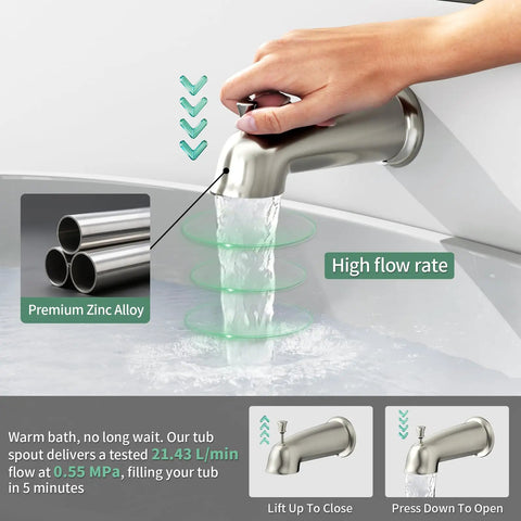 Close-up of tub spout in Tub and Shower Faucet Set with Pressure Balance Valve, 8 Inch Rain Shower Head, Tub Spout, Single Handle Trim Kit, Gold Finish, Anti Scald Protection, Easy Install Upgrade Your Modern Bathroom