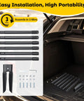 Disassembled heavy duty post hole digger with 55 inch handle and dual sharp blades, shown in car trunk for portability