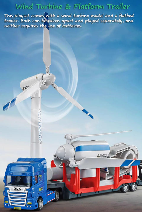 2 In 1 Wind Turbine And Platform Trailer Playset featuring a wind-up turbine model and a movable flatbed trailer, battery-free STEM kit.