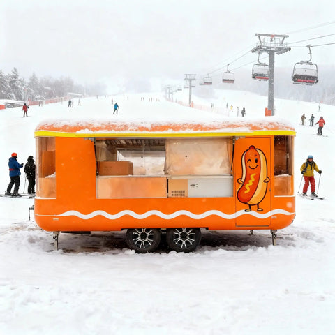 Kickstart Your Street Food Hustle With This Commercial Grade Mobile Food Truck Trailer equipped with stainless steel prep areas in snow.