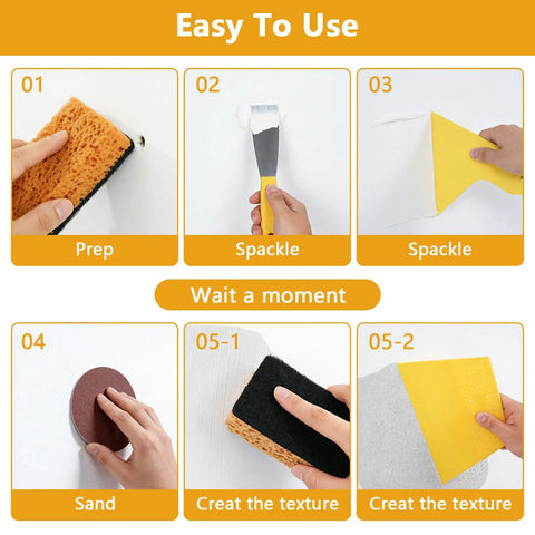 Drywall Repair Kit With 8.8oz Spackle Paste, Scrapers, 6 Sandpaper Sheets, Self Adhesive Wall Patches And Gloves For Quick Easy Hole Repair On Drywall Plaster And Home Renovation Like A Pro