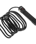 Six Outlet Power Strip Surge Protector With Fifteen Foot Extension Cord Low Profile Flat Plug 15 Amp Circuit Breaker 500 Joules Wall Mount Black UL Listed Must Have For Home Office And Entertainment Setups. Black power strip with long cord