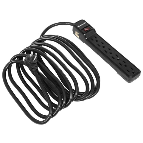 Six Outlet Power Strip Surge Protector With Fifteen Foot Extension Cord Low Profile Flat Plug 15 Amp Circuit Breaker 500 Joules Wall Mount Black UL Listed Must Have For Home Office And Entertainment Setups. Black power strip with long cord