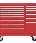Boss Level Rolling Tool Chest Featuring Fifteen Smooth Sliding Drawers For Serious Garage And Job Site Storage Heavy Duty No Frills Tool Organizer Cabinet Thirty Nine Inches Tall Bold Red, front view with drawers open.