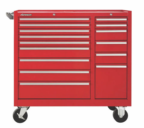 Boss Level Rolling Tool Chest Featuring Fifteen Smooth Sliding Drawers For Serious Garage And Job Site Storage Heavy Duty No Frills Tool Organizer Cabinet Thirty Nine Inches Tall Bold Red, front view with drawers open.