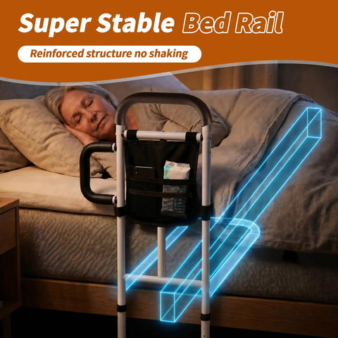 Sturdy Adjustable Bed Rail For Elderly And Limited Mobility With Non-Slip Handle, 350 Lbs Capacity, Flat Bottom Tube, Storage Pocket, Safety Strap