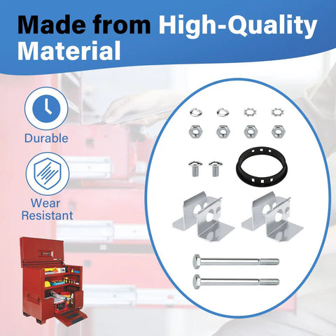 Padlock Fastener Kit For Delta Jobox Cabinets 15 Piece Set with O-rings, clips, nuts, bolts, and storage cabinet image.