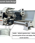 Heavy Duty Benchtop Mini Metal Lathe With Fast Gears For Straight Up Precision And No Sweat Metric Imperial Setup On A Sturdy 8 By 32 Bed powered by a strong 1100 Watt motor, showing precise scale design.