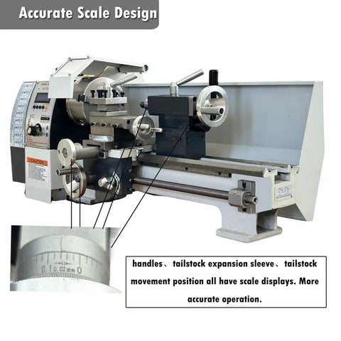 Heavy Duty Benchtop Mini Metal Lathe With Fast Gears For Straight Up Precision And No Sweat Metric Imperial Setup On A Sturdy 8 By 32 Bed powered by a strong 1100 Watt motor, showing precise scale design.