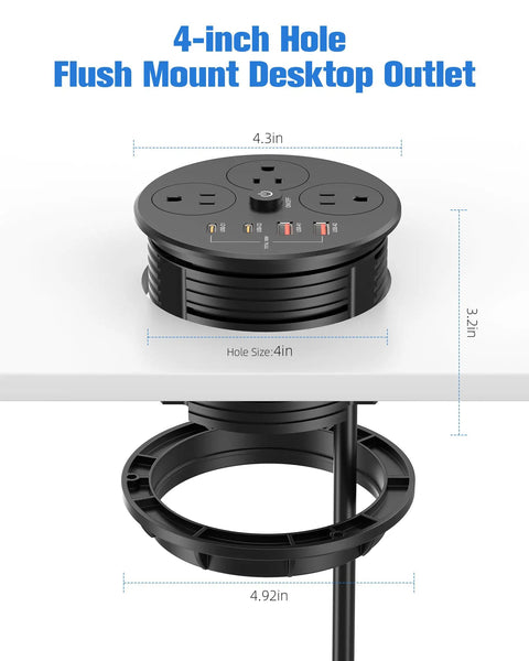 Premium 100W USB C Desktop Power Grommet With Compact Layout Featuring GAN Fast Charging showing 4-inch flush mount design with power outlets.