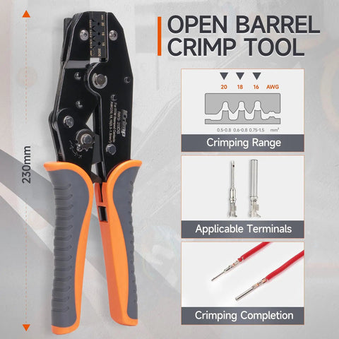 Ratchet Crimp Tool for Deutsch DT 16 Contacts Pro Grade for 18 to 14 AWG Wire Open Barrel Stamped Terminals Precision Positioning