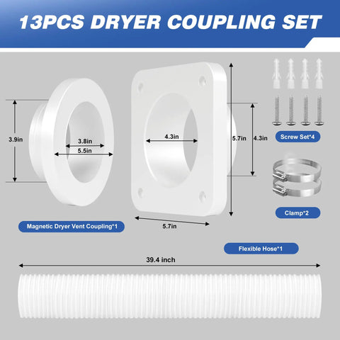 Magnetic Dryer Vent Connector With Airtight Seal For Tight Spaces DV180 4-Inch Duct Kit showing components and measurements.