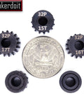 32P 5mm Pinion Gear Set For RC Cars With Hex Key 13T 14T 15T 16T 17T Durable Metal Construction viewed with a quarter for size reference.