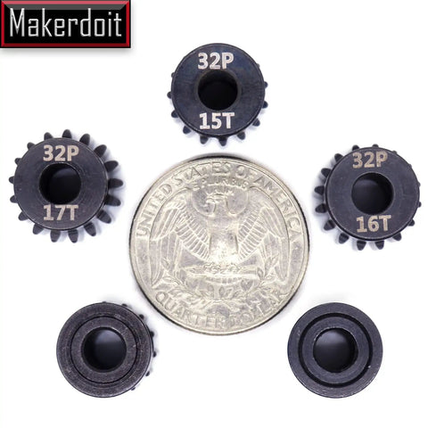 32P 5mm Pinion Gear Set For RC Cars With Hex Key 13T 14T 15T 16T 17T Durable Metal Construction viewed with a quarter for size reference.
