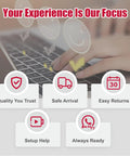 Hand typing on keyboard with overlays of service icons including quality, arrival, returns, setup help, and availability.