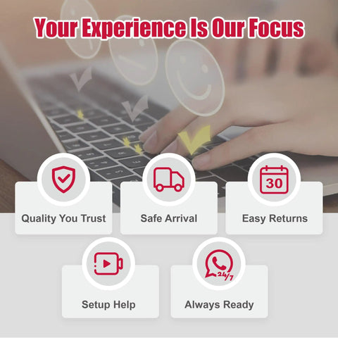 Hand typing on keyboard with overlays of service icons including quality, arrival, returns, setup help, and availability.