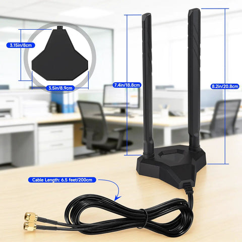 Tri-Band WiFi 7 and 6E External Antenna With Magnetic Base for Gaming PCs and Routers, RP-SMA Connector, shown with cable.