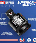 Four Piece Impact Socket Adapter And Reducer Set For One Quarter, Three Eighths, And One Half Inch Drives, Converts Between Female And Male Sockets For Impact Wrenches, Built Tough From Chrome Molybdenum Alloy Steel, detailed view of 3/8" to 1/2" size with features labeled.