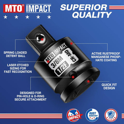 Four Piece Impact Socket Adapter And Reducer Set For One Quarter, Three Eighths, And One Half Inch Drives, Converts Between Female And Male Sockets For Impact Wrenches, Built Tough From Chrome Molybdenum Alloy Steel, detailed view of 3/8" to 1/2" size with features labeled.