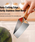 Triangular Watermelon Cutter With 304 Stainless Steel Blade and Wooden Handle for easy slices, shown slicing watermelon