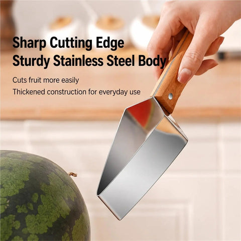 Triangular Watermelon Cutter With 304 Stainless Steel Blade and Wooden Handle for easy slices, shown slicing watermelon