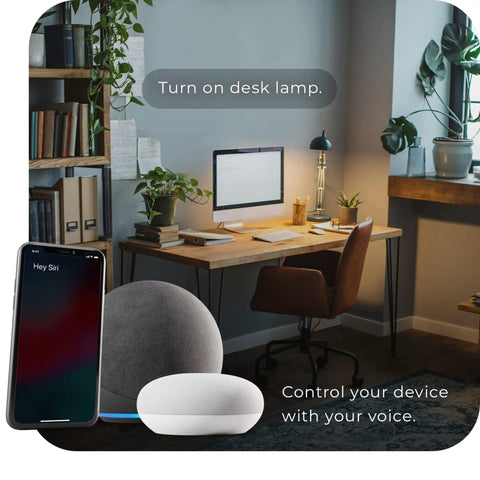 Wi Fi Smart Surge Protector Power Strip Featuring Four Independently Controlled Grounded Outlets Quick Charge Usb Ports Plugging In Is A Breeze Compatible With Alexa And Google Home Fully Adjustable Gray placed in a modern home office.