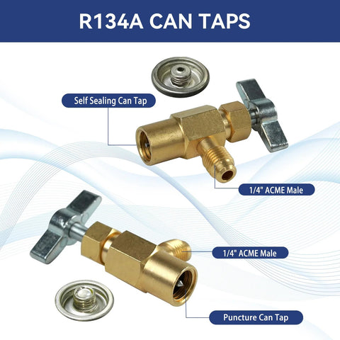 R134A can taps set: two brass taps, self-sealing and puncture, with 1/4 in ACME male fittings.