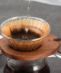 Premium Glass Cone Dripper For Pour Over Coffee And Tea Brew Up Fresh With This Stable Filter Holder, pouring hot water over coffee grounds.