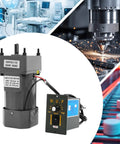 Heavy Duty 120W Single Phase Gear Motor With Speed Controller For Industrial Machinery Textile Works Die-Cast Aluminum Build And Double Bearings with attached control unit.