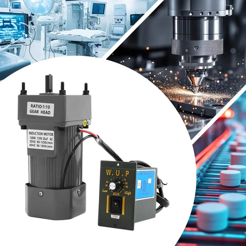 Heavy Duty 120W Single Phase Gear Motor With Speed Controller For Industrial Machinery Textile Works Die-Cast Aluminum Build And Double Bearings with attached control unit.
