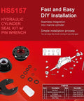 Front Mount Pro Grade Hydraulic Steering Cylinder Seal Kit With Pin Wrench For SeaStar HC5340 HC5341 HC5342 HC5343 HC5345 HC5348 HC5358 HC5445 HC6750 HC6755 Marine Grade Anodized AntiCorrosion Finish For Smooth Steering And Easy Rebuild displayed with parts and installation guide