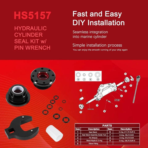 Front Mount Pro Grade Hydraulic Steering Cylinder Seal Kit With Pin Wrench For SeaStar HC5340 HC5341 HC5342 HC5343 HC5345 HC5348 HC5358 HC5445 HC6750 HC6755 Marine Grade Anodized AntiCorrosion Finish For Smooth Steering And Easy Rebuild displayed with parts and installation guide