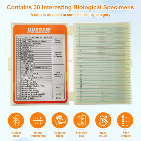 30 Pack Microscope Slides With Specimens, Glass Prepared Slides Set For Lab, Class, And Home Microscope Fun, Ultra Clear Glass With Rounded Edges For Safe Handling, Great For Teaching, Demos, And Research Projects. 30-slide storage case