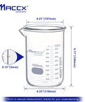 34oz 1000ml Glass Beaker Set Pack of 2 Built To Last Heavy Duty 3.3 Borosilicate Low Form Lab Beakers With Printed Graduation Blue For Everyday Lab Use ASTM E960 Type I Compliance showing dimensions and blue markings