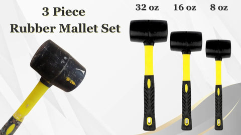 3-piece rubber mallet set with 8 oz 16 oz and 32 oz heads, low recoil rubber faces, durable fiberglass handles, big rubber heads