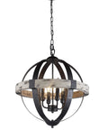 Boss Look Black Aspen Wrought Iron Globe Wood Four Light Chandelier With 20 Inch Shade And 22.5 Inch Height Distressed Wood And Black Finish