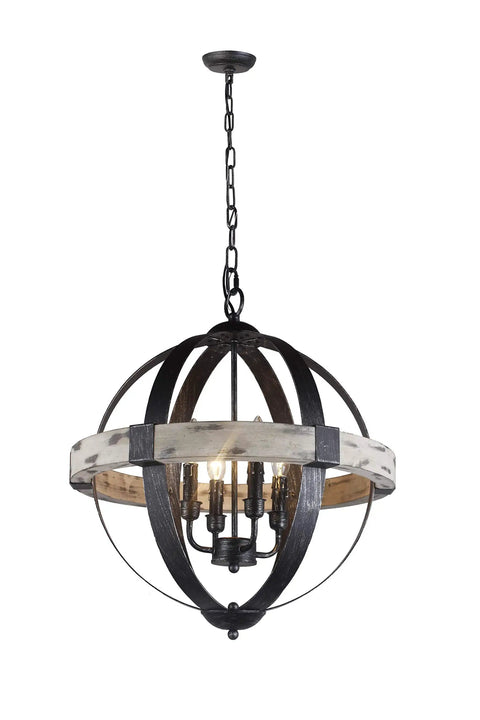 Boss Look Black Aspen Wrought Iron Globe Wood Four Light Chandelier With 20 Inch Shade And 22.5 Inch Height Distressed Wood And Black Finish