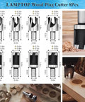Top Shelf 26 Piece Woodworking Drill Bit Set With Heavy Duty HSS Step Bits Three Point Countersinks Plug Cutters And Center Punch Plus Foam Case For Tough Job Site Projects That Truly Deliver The Goods. Images of 8 wood plug cutters with sizes and designs displayed.