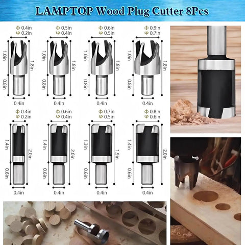 Top Shelf 26 Piece Woodworking Drill Bit Set With Heavy Duty HSS Step Bits Three Point Countersinks Plug Cutters And Center Punch Plus Foam Case For Tough Job Site Projects That Truly Deliver The Goods. Images of 8 wood plug cutters with sizes and designs displayed.