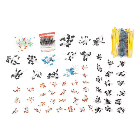 No Sweat Electronics Tinkerer Kit 1400 Piece Beginner Starter Pack with various resistors, capacitors, diodes, and transistors.